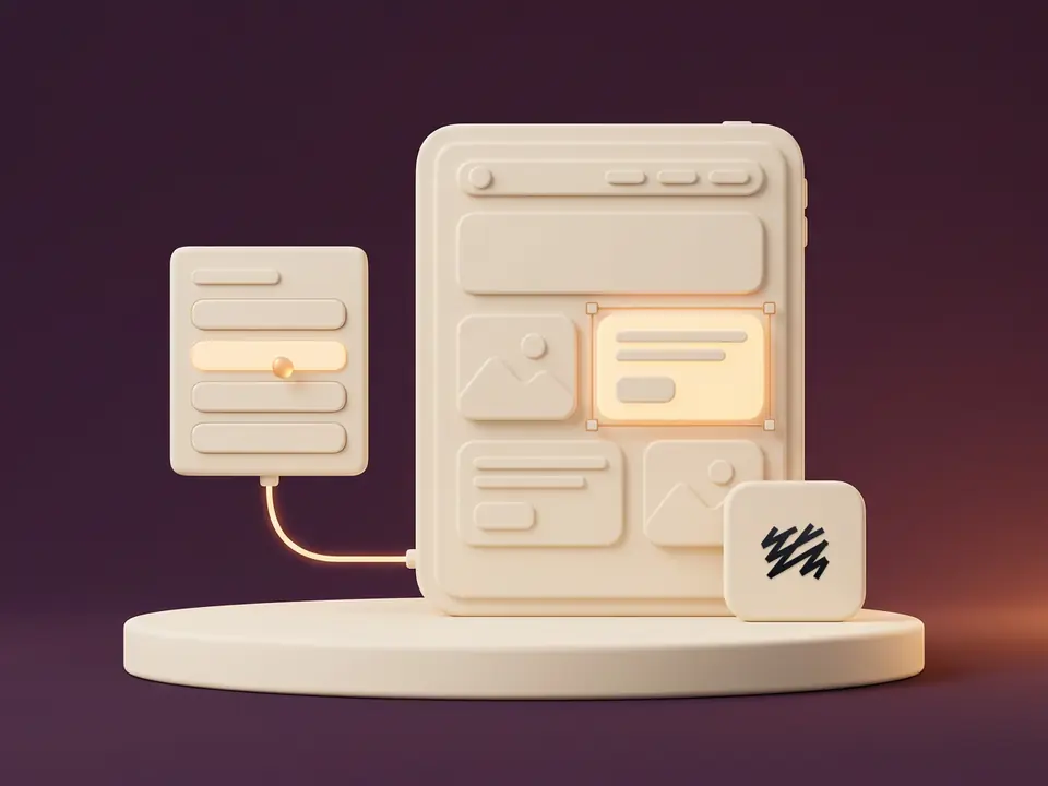 Rendu 3D d'une page web crème en cours de montage, reliée par un câble ambré à un panneau de rédaction, et la tuile Sanity, posés sur un socle