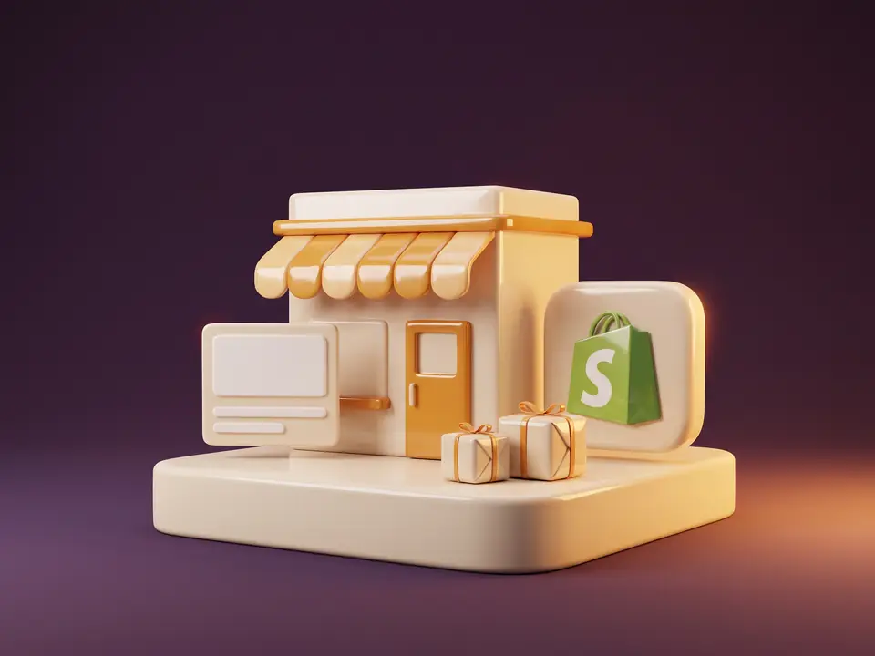 Rendu 3D d'une petite boutique crème à l'auvent ambré, avec la tuile Shopify, deux colis et une fiche produit, posés sur un socle