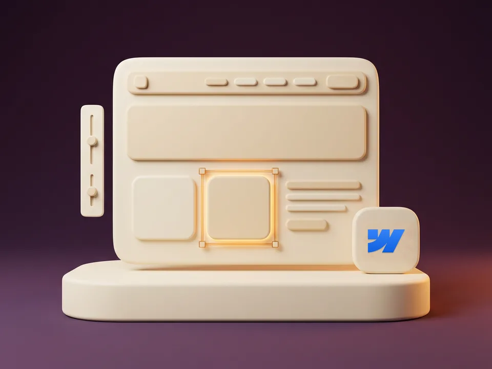 Rendu 3D d'une page web crème en cours de montage, un bloc sélectionné d'un cadre ambré, un panneau de réglages et la tuile Webflow, posés sur un socle