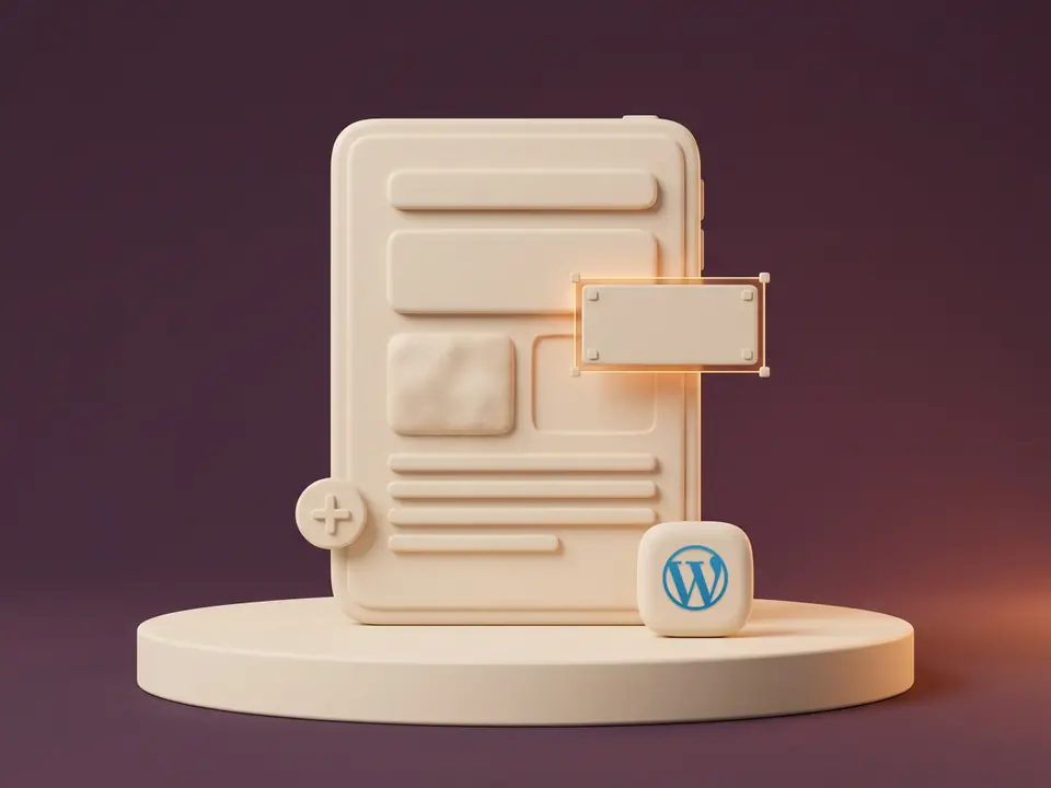 Rendu 3D d'une page web crème montée bloc par bloc, un bloc cerclé d'ambre sur le point de trouver sa place, un bouton d'ajout et la tuile WordPress, posés sur un socle
