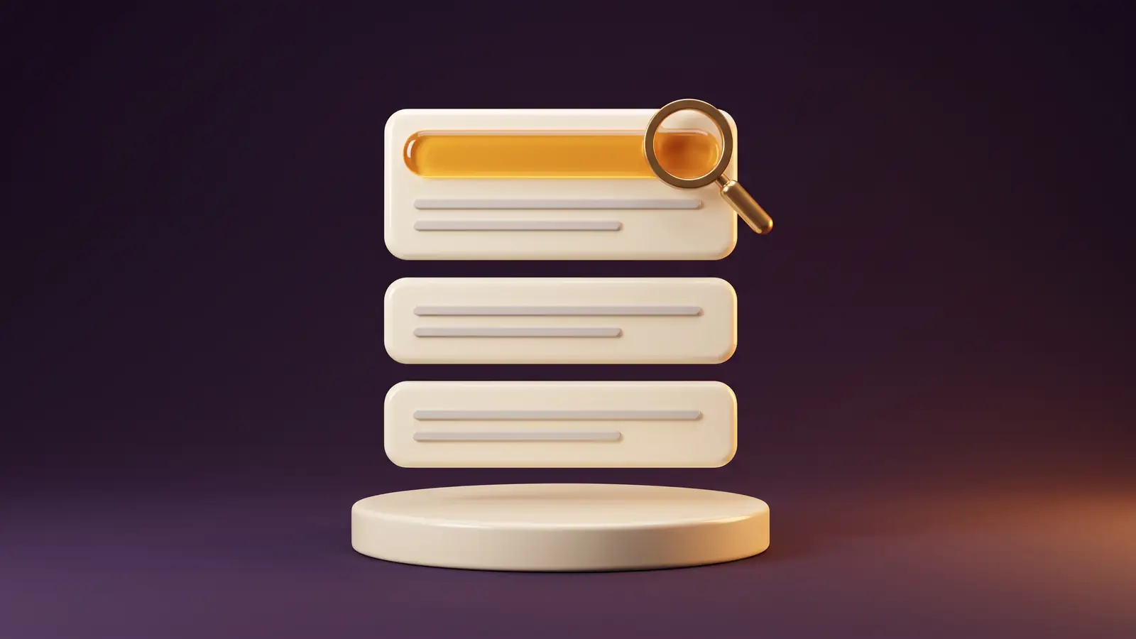 Rendu 3D de trois cartes de résultats de recherche empilées au-dessus d’un socle crème, la barre de titre de la première surlignée en ambre, avec une loupe en laiton penchée vers elle