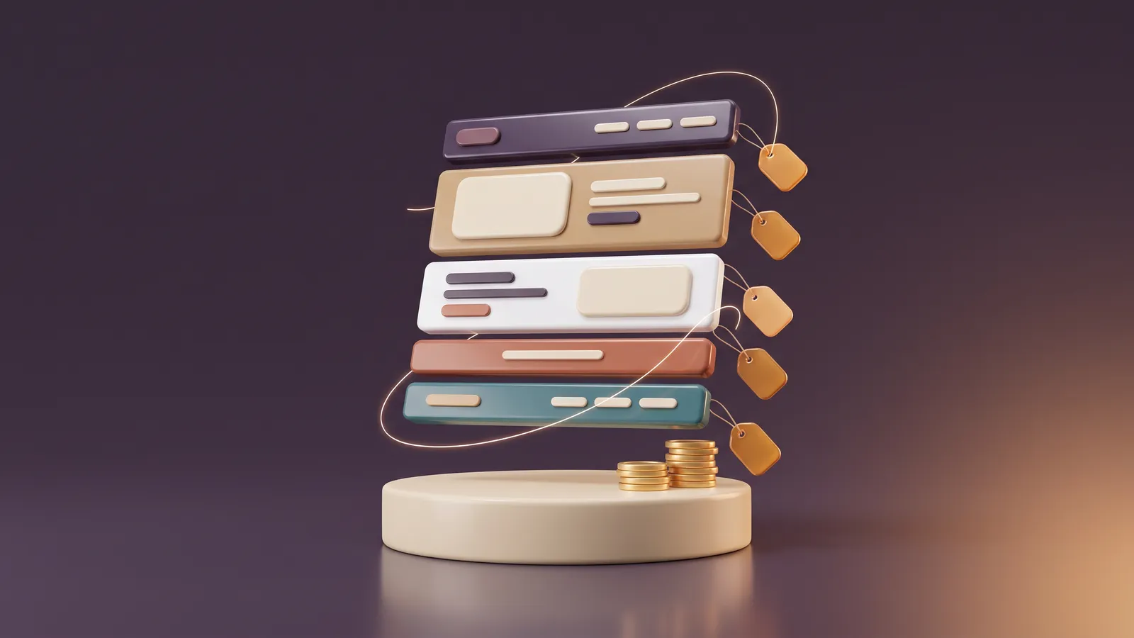 Rendu 3D d’une page web découpée en cinq tranches colorées superposées, chacune avec une étiquette de prix ambrée, au-dessus d’un socle crème et d’une petite pile de pièces