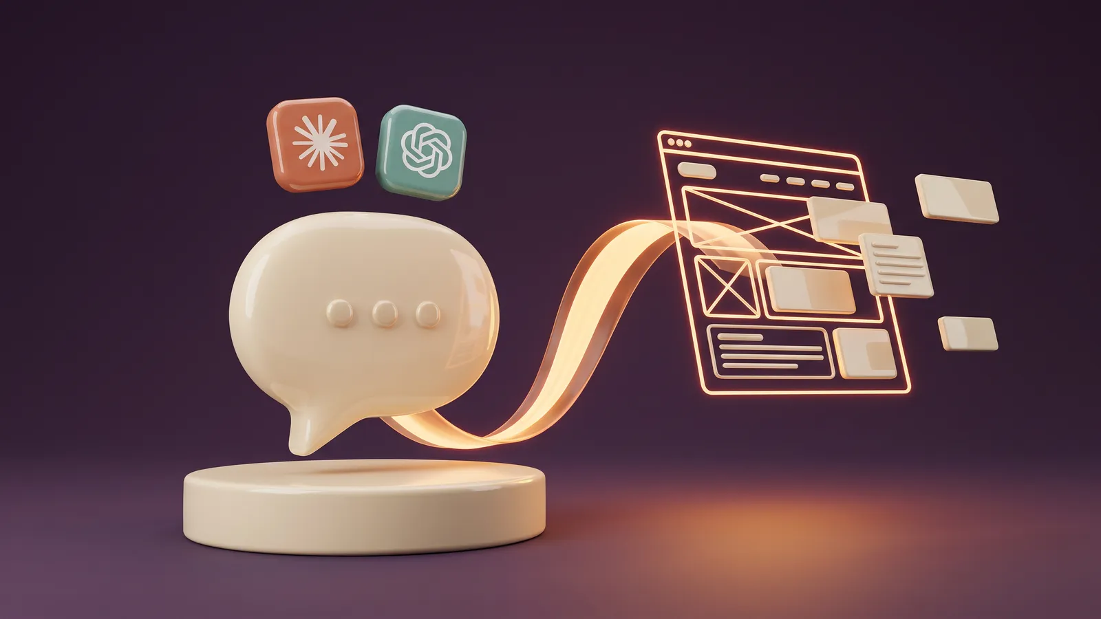 Rendu 3D d’une bulle de conversation crème d’où part un ruban de lumière ambrée qui dessine une page web, sous deux tuiles aux logos de Claude et de ChatGPT