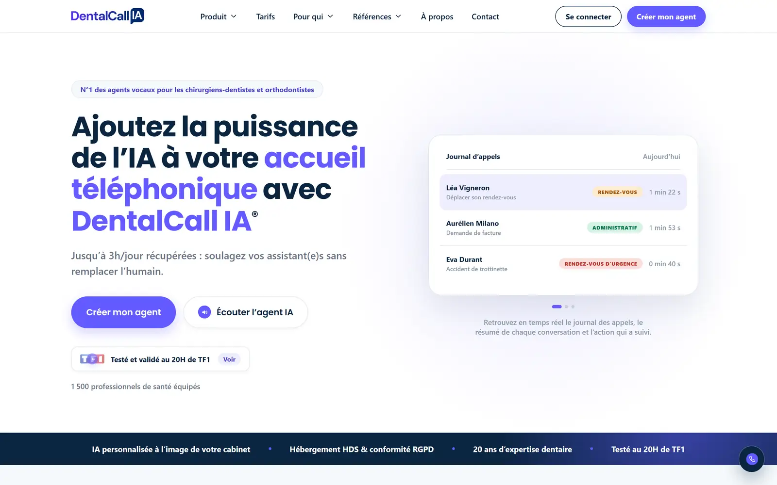 Page d’accueil du site Dental Call IA, « Ajoutez la puissance de l’IA à votre accueil téléphonique »