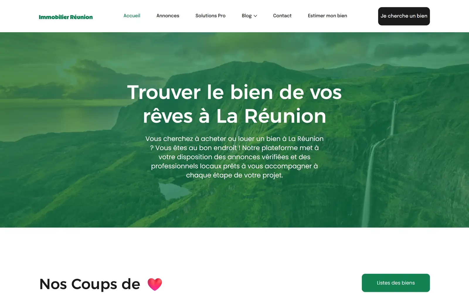 Page d’accueil du site Immobilier Réunion, « Trouver le bien de vos rêves à La Réunion »